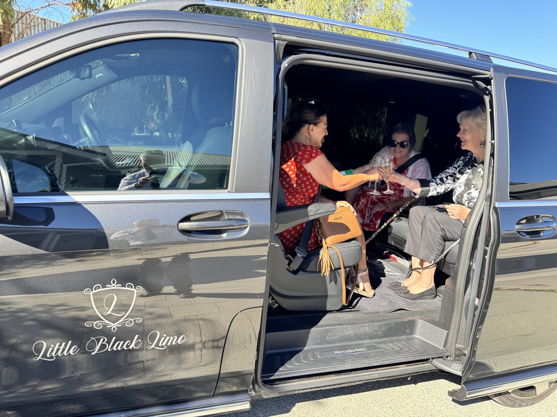 Guests toasting in the van doorway
